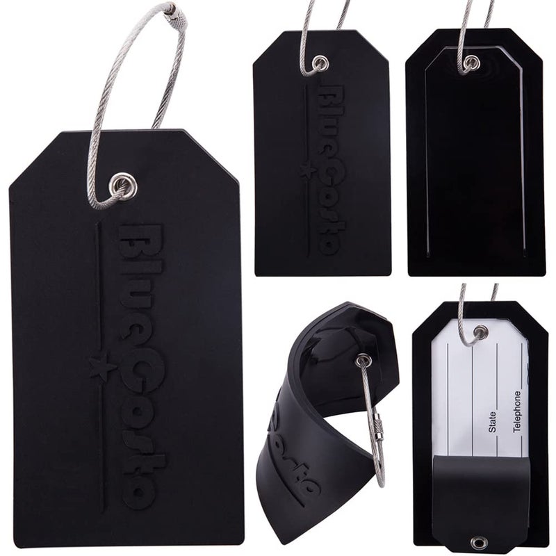 BlueCosto - Luggage Tags - Large, Black, 5 PK - PVC Suitcase Tags w/Privacy Cover & Stainless Steel Wire Loops - Personalized Baggage Identifiers for Travel - Backpack Name Labels - Image 1